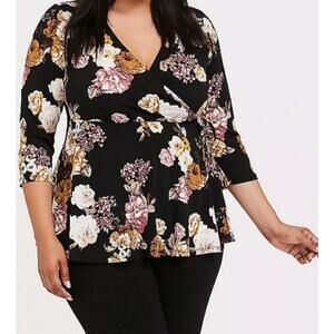 Torrid Womens Plus 2X 18/20 Black Floral Knit Wrap Peplum Top Shirt Fairy Grunge